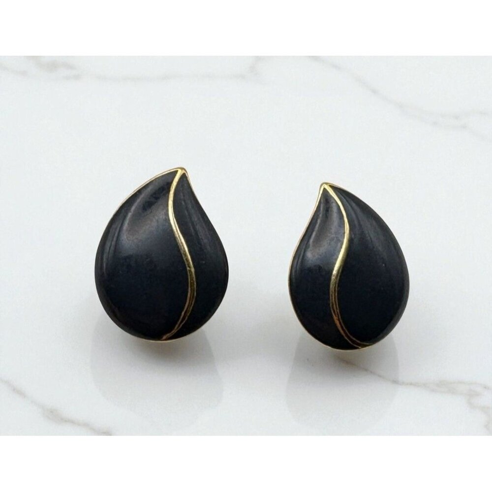 Teardrop Gray Earrings with Gold Tone Accents Stud Retro 80s